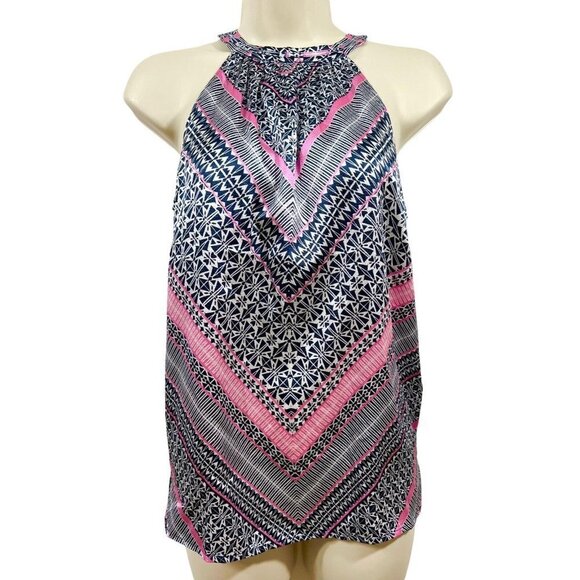 The Limited Mock Neck Tank Blouse Satin Feel Geometric Pink Navy White Size XS - Picture 9 of 12